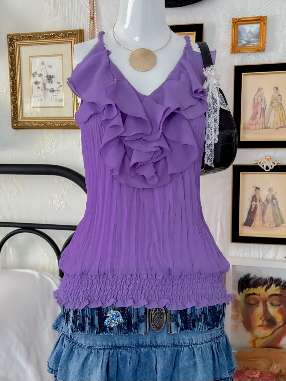 Y2K vintage romantic feminine girly ruffle purple blouse